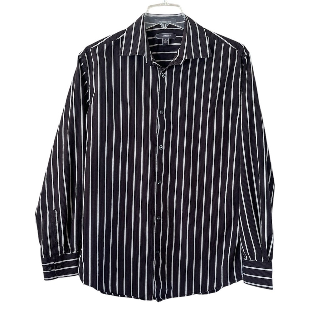 Cezani mens button down collar shirt size medium black brown tan stripes